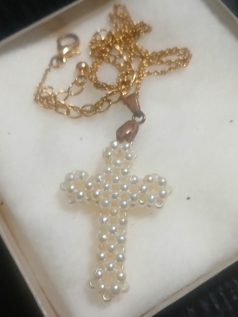 Gold-Tone Chain Necklace with White Pearl Cross Pendant